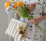 Bolso de paja con forma de bola de papel, bolso tejido informal a rayas, bolso de playa mini, bolso de mujer