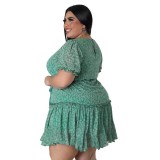 Vestido verde con lazo casual de manga corta de primavera y verano para mujer de talla grande