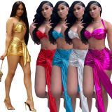 Women's Nightclub Fashion Bright Color Halter Crop Thank Top Wrap Tied Mini Skirt Two-Piece Set
