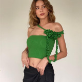 Primavera moda sexy francés floral Streamer halter cuello patchwork sin tirantes tanque mujeres