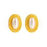 Pendientes de perlas ovaladas de aguja de plata Pendientes de botón franceses retro Estilo de corte elegante Pendientes de oro de tirano local