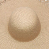 Sombrero de ala grande para mujer, sombrero de playa con borde crudo y borlas, visera plegable de colección pura, sombrero de cúpula de papiro blanco y negro