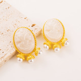 Pendientes de perlas ovaladas de aguja de plata Pendientes de botón franceses retro Estilo de corte elegante Pendientes de oro de tirano local