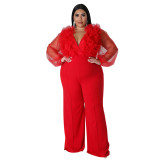 Sexy Deep V Solid Color Plus Size Durchsichtiger Langarm-Frauen-Overall