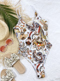 Einteiliger Badeanzug Damen V-Ausschnitt Bedruckte Monikini Einteilige Bikini-Badebekleidung