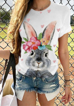 Kadın Paskalya Tavşanı Desenli T-Shirt Kısa Kollu Yaz Üstü