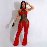 Women'S Fashion Solid Color Mesh Patchwork Halter Neck Low Back Lace-Up Bell Bottom Sexy Jumpsuit