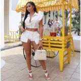 Women'S Button Down Turndown Collar Sleeveless Top Shorts Solid Casual Two-Piece Set Solid Elastic Casual