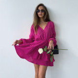 Frühlings-Langarm-Magenta-Kleid-Rock aus Baumwolle mit Ballonärmeln, Cascading-Rüschen-Kleid
