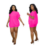 Women'S Fashion Casual Solid Color Bat Sleeves T-Shirt Drawstring Top Shorts Two-Piece Set