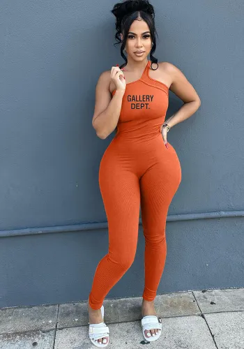 Ladies Spring Summer Ribbed Print Straps Sexy Tight Fitting Jumpsuit