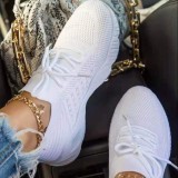 Large size sports shoes women's thick-soled solid color lace-up flying woven slip-on old shoes wish cross-border