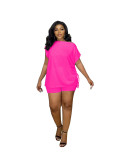Women'S Fashion Casual Solid Color Bat Sleeves T-Shirt Drawstring Top Shorts Two-Piece Set