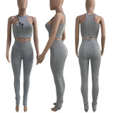 Kadın Yaz Çapraz Baskı Kolsuz Nervürlü Yüksek Bel Yığılmış İki Parça Pantolon Set