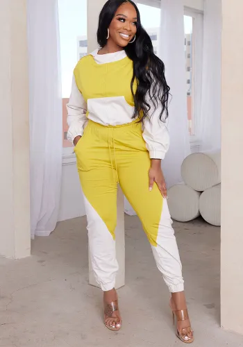 Women'S Patchwork Contrasting Hoodie Sport Casual Two Piece Pants Set