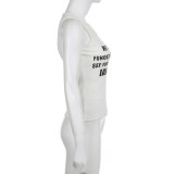 Camisola blanca con estampado de letras para mujer, ropa para exteriores, jersey básico, cuello redondo, Top básico ajustado