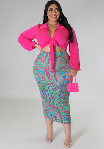 Spring Plus Size Lace-Up Shrit Bodycon Skirt Two-Piece Women'S Set