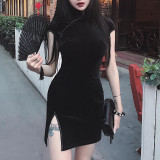 Vestido cheongsam de terciopelo para mujer Vestido ajustado negro sexy de primavera para mujer