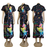 Damenmode mit Digitaldruck, lässig, locker, kurzärmlig, Swing-Kleid
