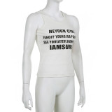 Camisola blanca con estampado de letras para mujer, ropa para exteriores, jersey básico, cuello redondo, Top básico ajustado