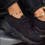 Large size sports shoes women's thick-soled solid color lace-up flying woven slip-on old shoes wish cross-border