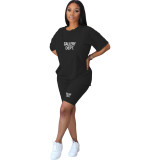 T-shirt da donna in cotone con stampa casual, vestibilità ampia, taglie forti, pantaloncini in due pezzi
