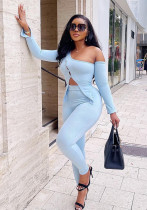 Women'S Spring Summer Long Sleeve Slash Shoulder Top Casual Pants Two-Piece Set