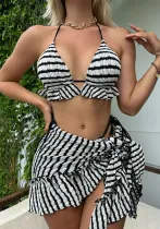 Tie Tie Striped Ruched Cover Up Skirt Three-Piece Swimsuit Two Piece Bikini Swimwear