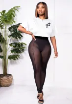 Women'S Sexy Print Short Sleeve T-Shirt Mesh Patchwork Long Pants Two-Piece Set
