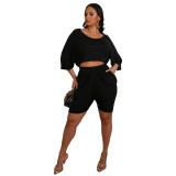 Women'S Fashion Solid Color Half Sleeve Loose Top Pleated Shorts Fashion Casual Two Piece Set