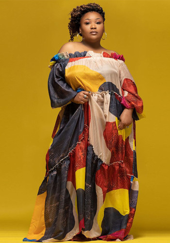 Yaz Retro Colorblock Baskı Büyük Beden Kadın Gevşek Maxi Elbise