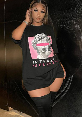 T-shirt stampata da donna nera T-shirt da donna a mezza manica con scollo tondo