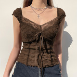 Retro lace Patchwork bow short-sleeved t-shirt women's spring v-neck See-Through Slim Fit top