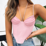 Fishbone Lace-Up Tunic Camisole Top Women Spring Sexy Halter Neck Tank Top