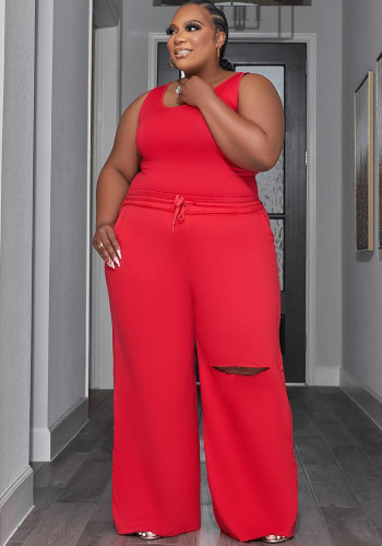 Plus Size Women'S Solid Sleeveless Tank Top Ripped Wide Leg Pants Two-Piece Set