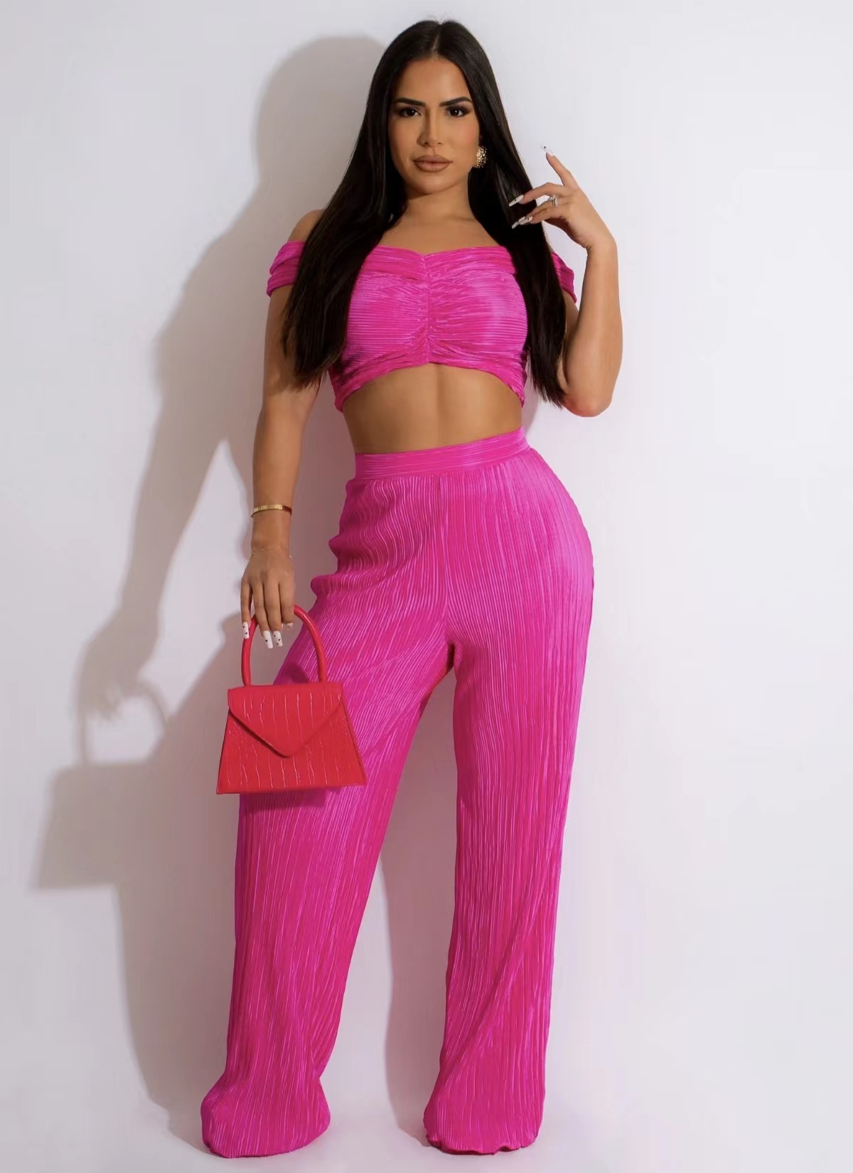 Women Spring Casual Off Shoulder Crop Top And Wide Leg Pants Two-Piece Set  - The Little Connection