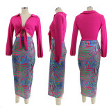 Conjunto de dos piezas de falda ceñida al cuerpo con estampado multicolor de camisa atada de manga larga sólida a la moda para mujer