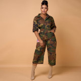 Women Camouflage Print Pocket Turndown Collar Jumpsuit