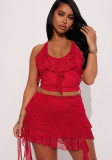 Damen Hosenträger Mesh Rüschen Doppelschicht Top und Rüschen Rock zweiteiliges Set