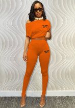 Women Sexy Casual Slash Shoulder Letter Print Top and Pant Two-Piece Set