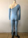 Conjunto de dos piezas de pantalones informales con hombros descubiertos y manga larga para primavera y verano para mujer