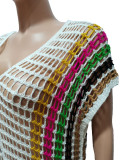 Dames d'été Sexy Crochet Tricot Gland Colorblock Plage Longue Robe