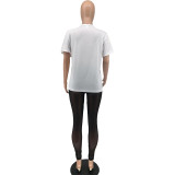 Camiseta de manga corta con estampado sexy para mujer Conjunto de dos piezas de pantalones largos de patchwork de malla