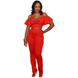 Women Sexy Printed Cut Out Shoulder U-Neck Top and Pants Two-Piece Set
