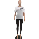 Camiseta de manga corta con estampado sexy para mujer Conjunto de dos piezas de pantalones largos de patchwork de malla