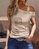 Camiseta estampada con botones de metal de manga corta simple de verano para mujer