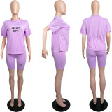 Conjunto de dos piezas de pantalones cortos de camiseta de talla grande con estampado de algodón informal para mujer