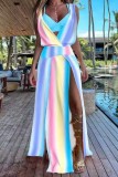 Women Summer Sleeveless V-Neck Printed Slit Dress