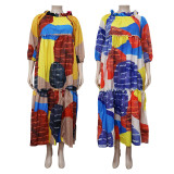 Summer Retro Colorblock Print Plus Size Women'S Loose Maxi Dress