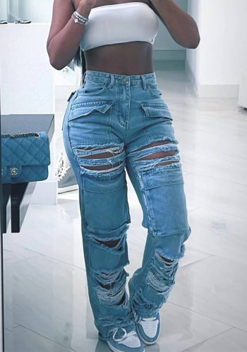 Calça cargo feminina casual jeans rasgada
